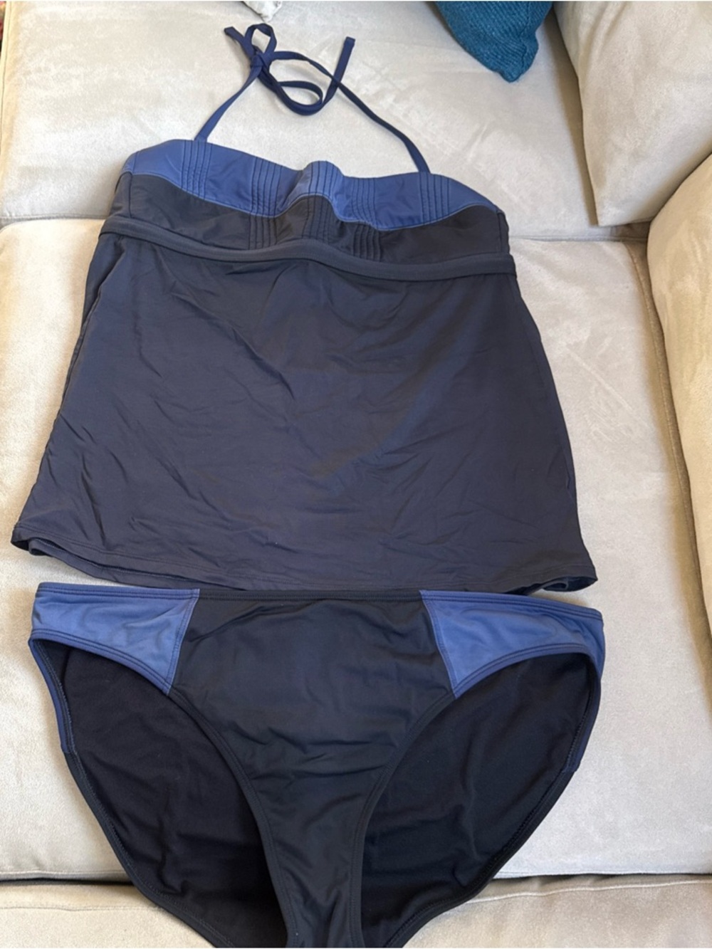 2pc Athleta Tankini Swimsuit Top Bottoms Womens Black Blue Strapless L XL